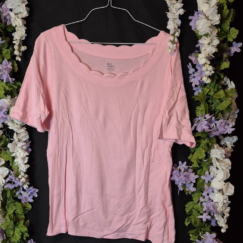 Kim Rogers Light Pink Scalloped Neck Short Sleeve Tee